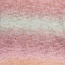 A close-up of a knitted fabric with a soft gradient pattern blending dusty pink, muted sage green, and light peach tones.