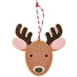 A reindeer head hanging ornament with textured glitter details, featuring brown and pink glitter ears, a brown glitter nose, and a red and white striped hanging string on a white background.