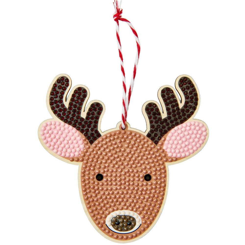 A reindeer head hanging ornament with textured glitter details, featuring brown and pink glitter ears, a brown glitter nose, and a red and white striped hanging string on a white background.