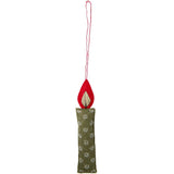 A fabric candle-shaped ornament with a red felt flame and wick, a green fabric body with white floral embroidery, and a red hanging string, shown on a plain white background.