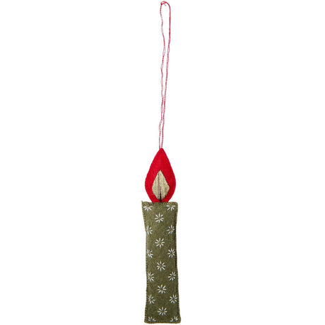 A fabric candle-shaped ornament with a red felt flame and wick, a green fabric body with white floral embroidery, and a red hanging string, shown on a plain white background.