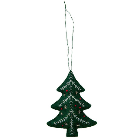 A dark green felt Christmas tree ornament with white embroidered branches and small red and gold decorative accents, hanging by a thin green string against a plain white background.