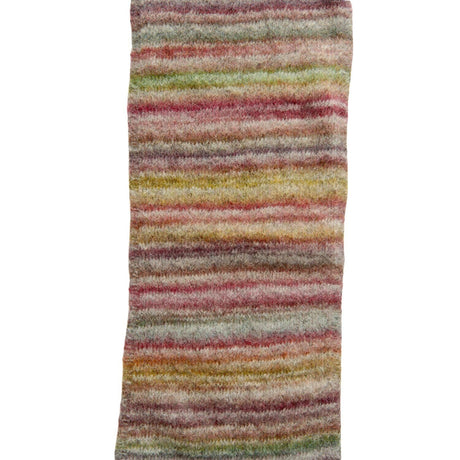 A rectangular area rug with a textured, shaggy surface featuring horizontal multicolor stripes in shades of pink, green, yellow, orange, and gray on a white background.