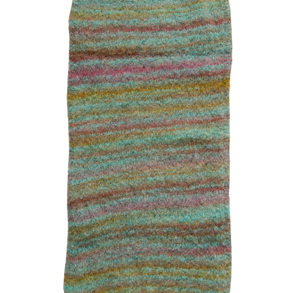 A rectangular area rug with a soft, shaggy texture featuring horizontal multicolor stripes in shades of teal, pink, brown, and gold, shown against a plain white background.