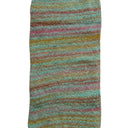A rectangular area rug with a soft, shaggy texture featuring horizontal multicolor stripes in shades of teal, pink, brown, and gold, shown against a plain white background.