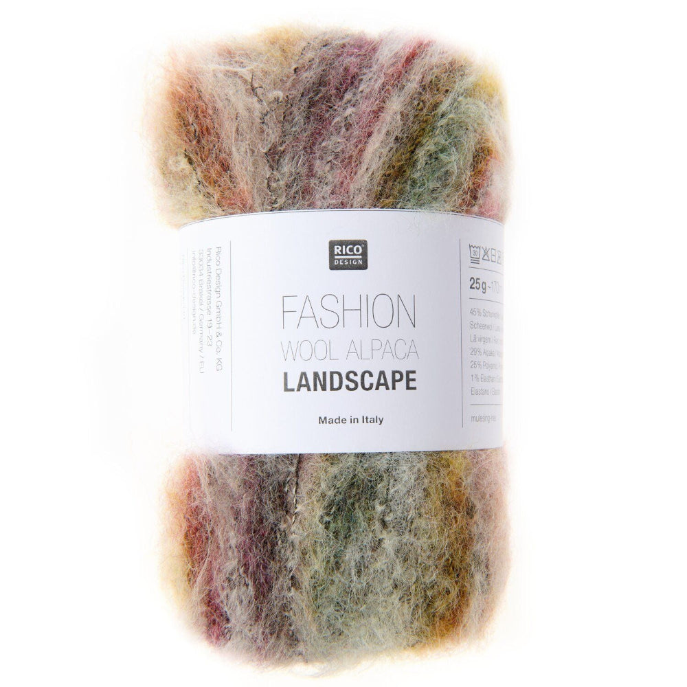 A skein of Rico Design Fashion Wool Alpaca Landscape yarn, featuring a white paper label with black text, set against a plain white background.