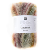 A skein of Rico Design Fashion Wool Alpaca Landscape yarn, featuring a white paper label with black text, set against a plain white background.