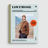 Front cover of LOVEWOOL magazine, issue 23, featuring a model wearing a brown fuzzy knit cardigan and matching beanie outdoors. The cover has a pale blue-green background with black text and a bright orange circular callout.