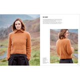 A book or magazine page showing a woman modeling a fuzzy, high-neck camel-brown sweater outdoors, with a large front view on the left and a smaller back view on the right. Text on the page reads 'SO COSY' and includes product details.