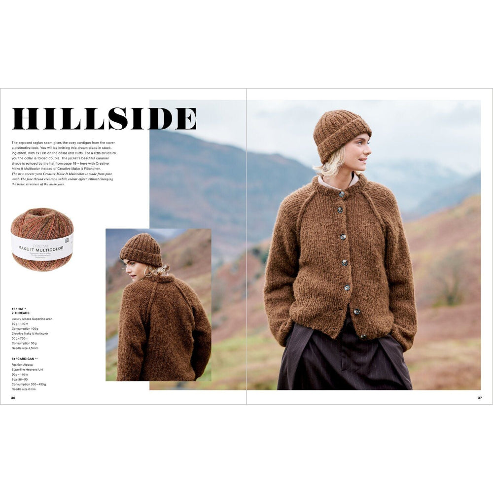 A printed knitting pattern booklet or magazine page titled 'HILLSIDE' showing a woman outdoors wearing a brown chunky knit cardigan and matching beanie, with a smaller inset photo of the back view and yarn ball imagery on the left.