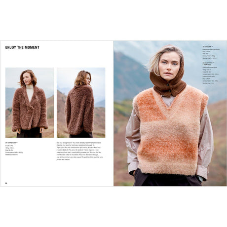 A fashion magazine spread featuring a model wearing a fuzzy brown vest and matching brown cowl neck warmer outdoors, with smaller inset views of the front and back on the left page and product details on the right page.