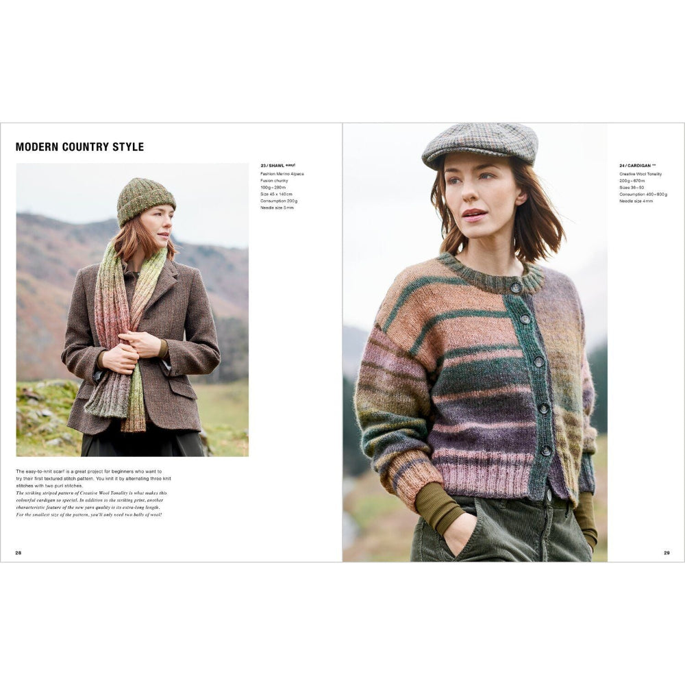 A two-page fashion magazine spread showing a woman outdoors wearing a knit cardigan with horizontal stripes in muted earthy tones, along with a hat and scarf. The right page features a larger photo of the knitwear, with the left page showing a smaller styled view and text headings including 'MODERN COUNTRY STYLE'.