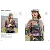 A two-page fashion magazine spread showing a woman outdoors wearing a knit cardigan with horizontal stripes in muted earthy tones, along with a hat and scarf. The right page features a larger photo of the knitwear, with the left page showing a smaller styled view and text headings including 'MODERN COUNTRY STYLE'.