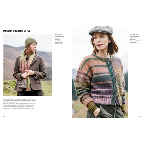 A two-page fashion magazine spread showing a woman outdoors wearing a knit cardigan with horizontal stripes in muted earthy tones, along with a hat and scarf. The right page features a larger photo of the knitwear, with the left page showing a smaller styled view and text headings including 'MODERN COUNTRY STYLE'.