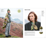 A two-page magazine spread featuring a woman outdoors wearing a knitted tweed scarf and a matching long striped knit wrap, with text and a small product bottle shown on the right page.