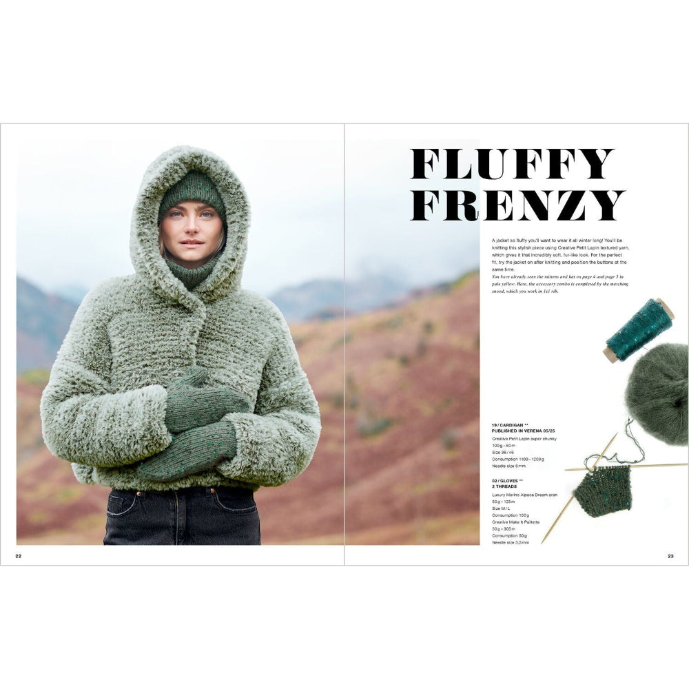A printed magazine or book spread featuring a person wearing a chunky knitted hooded jacket outdoors, with the headline 'FLUFFY FRENZY' and smaller product text on the right page. The jacket appears heathered sage green, and the layout includes a small inset showing yarn, knitting needles, and a knitted swatch.