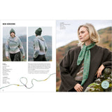 A two-page knitting pattern booklet spread showing the finished sweater in use. The left page has the title 'NEW HORIZONS,' two small photos of a woman wearing a chunky knit sweater with a green beanie, a yarn line diagram, and text including 'YARN: Merino wool, 4-ply.
