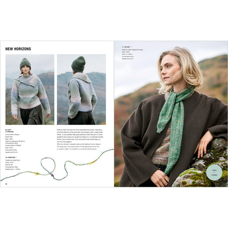 A two-page knitting pattern booklet spread showing the finished sweater in use. The left page has the title 'NEW HORIZONS,' two small photos of a woman wearing a chunky knit sweater with a green beanie, a yarn line diagram, and text including 'YARN: Merino wool, 4-ply.