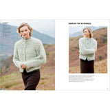 A catalog spread showing a woman outdoors wearing a fuzzy pale sage green cropped cardigan on the left and a smaller inset view on the right, with text and a mountain landscape in the background.