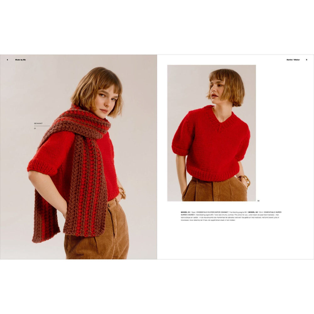 A catalog-style page showing a model wearing a bright red knit sweater and a chunky red-and-brown knitted scarf, with a smaller inset photo of the sweater alone and text below.