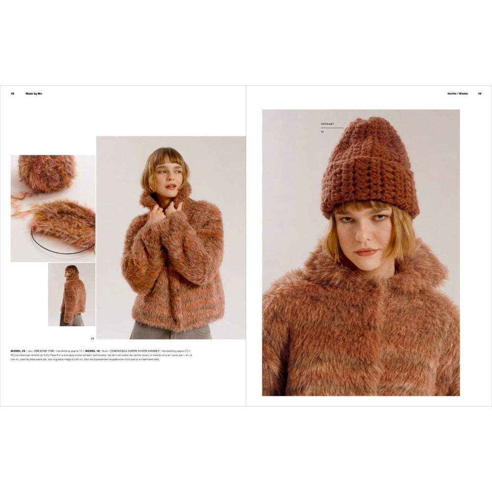 A two-page fashion catalog spread featuring a model wearing a chunky knit brown beanie and a matching brown faux-fur jacket. The right page shows the model in a close-up wearing the beanie, and the left page includes smaller inset photos of the beanie and jacket details alongside product text.