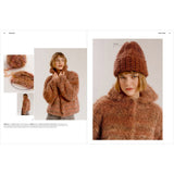 A two-page fashion catalog spread featuring a model wearing a chunky knit brown beanie and a matching brown faux-fur jacket. The right page shows the model in a close-up wearing the beanie, and the left page includes smaller inset photos of the beanie and jacket details alongside product text.