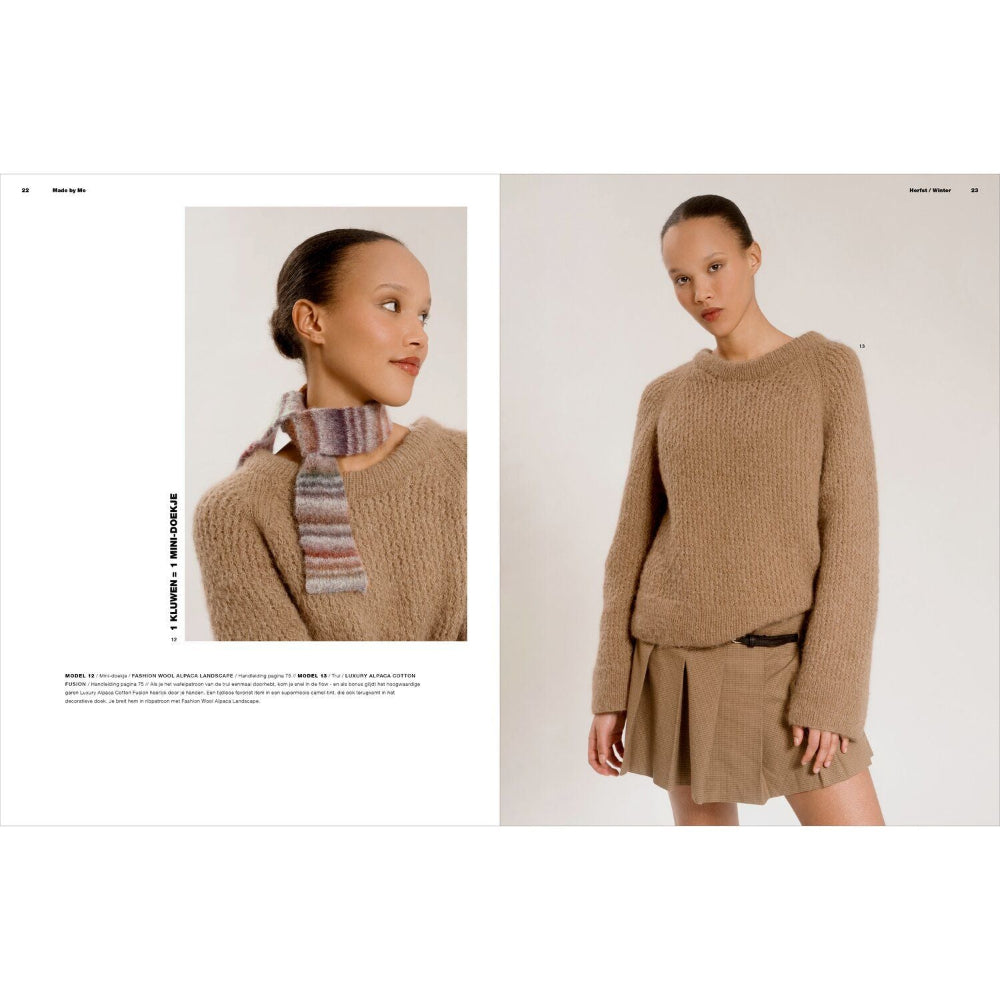 A fashion magazine spread featuring a model wearing a chunky knit beige sweater and matching pleated skirt, with a smaller inset portrait of the same model wearing a striped scarf.