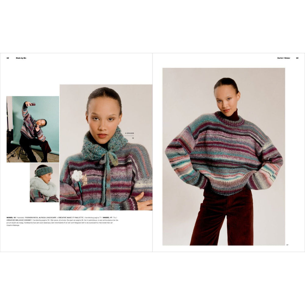 A two-page fashion spread showing a model wearing a chunky knit sweater with a matching knit neck scarf. The sweater has a striped pattern in muted teal, burgundy, purple, and gray.