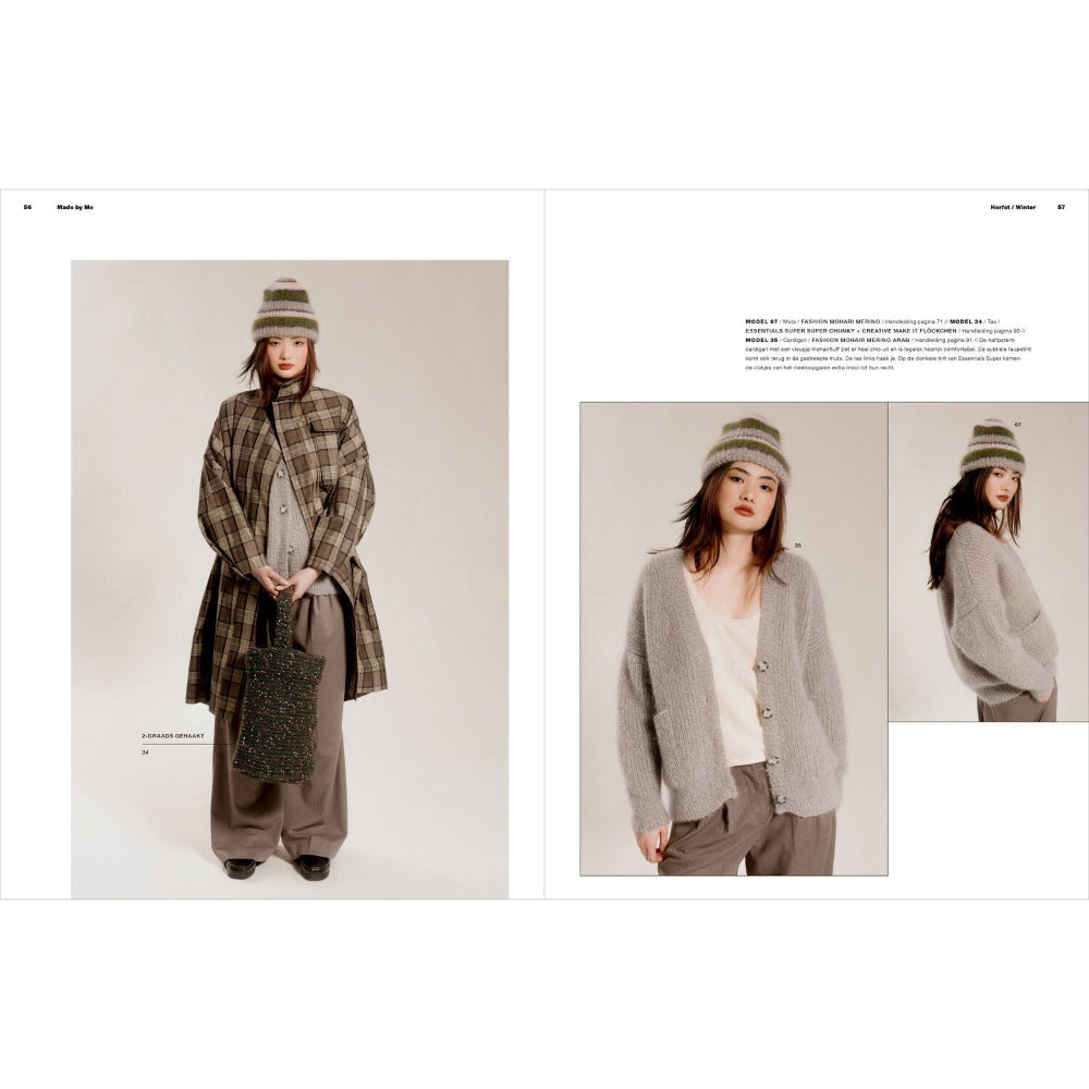 A two-page fashion catalog spread showing a model wearing a long brown plaid coat, striped beanie, white top, and gray-brown pants against a light beige studio background. The left page includes a full-body shot and small text, while the right page shows a larger front view and a side view inset with product details.