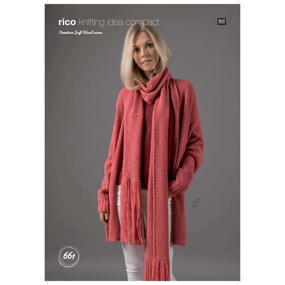 Rico Creative Soft Wool Aran Ladies Cardigan and Scarf Knitting Pattern 661