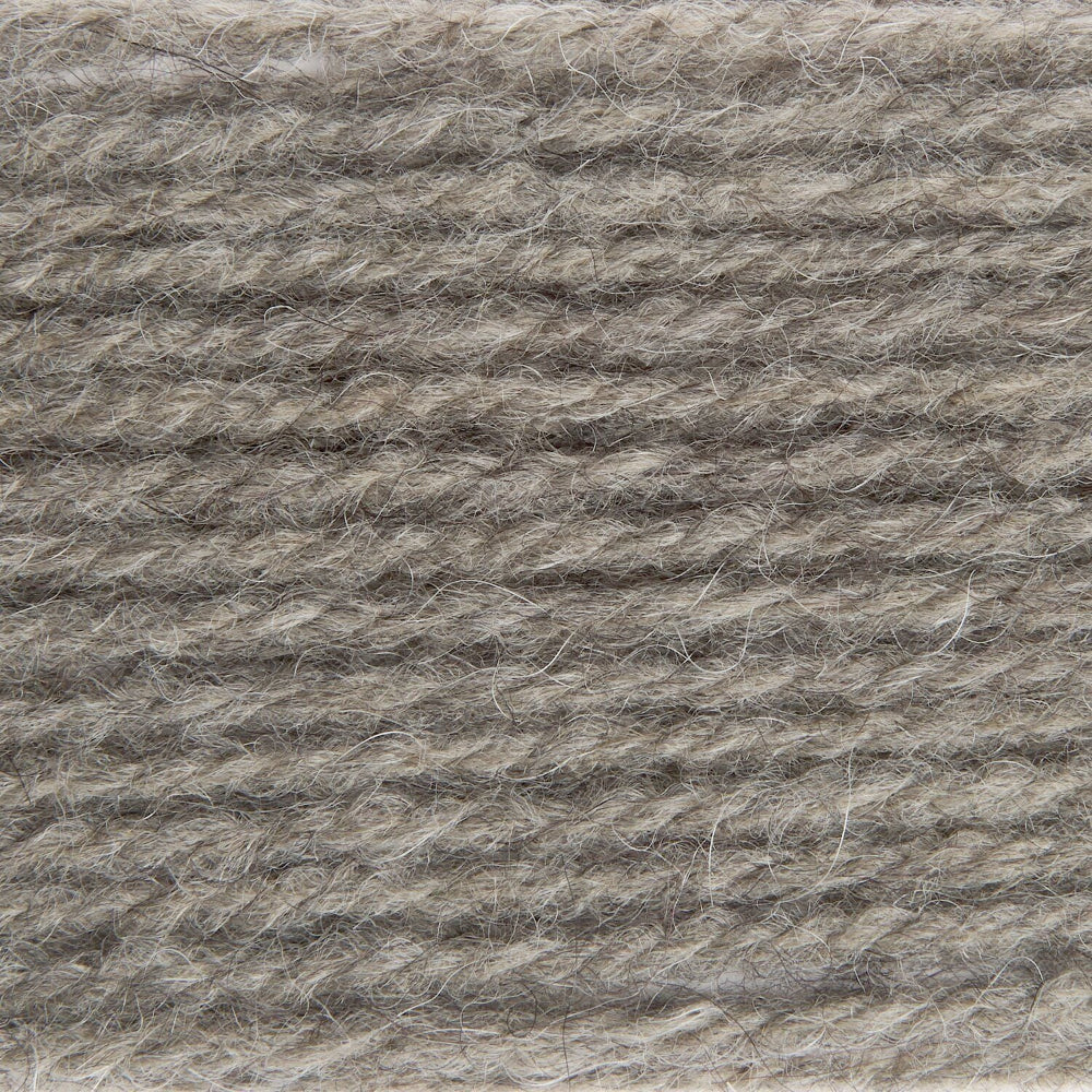 A close-up texture shot of twisted yarn in a heathered taupe-gray color, showing the fuzzy, multi-toned fibers.