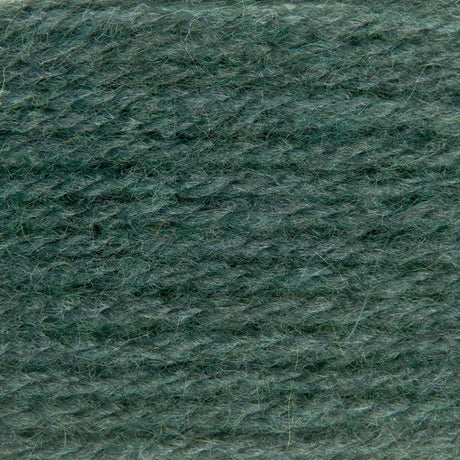 A close-up texture shot of dark teal green yarn, showing the twisted fibers and heathered color.