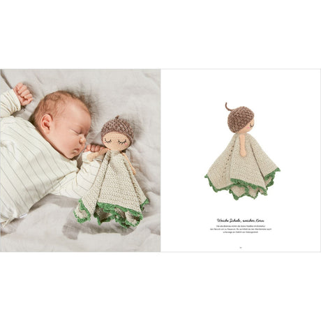 Baby holding a crocheted doll with a blanket next to a close-up of the doll on a white background.
