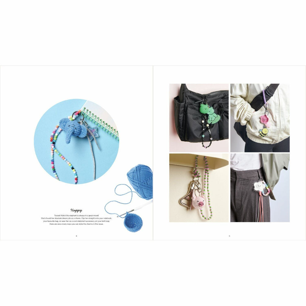 Collection of colourful crochet keychains and pouches on a white background