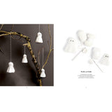 A two-panel product presentation of white crochet ghost ornaments. The left panel shows several white felt ghosts hanging from thin strings attached to a rustic tree branch against a dark gray background.