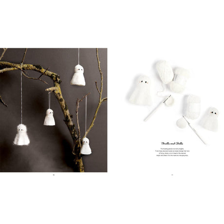 A two-panel product presentation of white crochet ghost ornaments. The left panel shows several white felt ghosts hanging from thin strings attached to a rustic tree branch against a dark gray background.