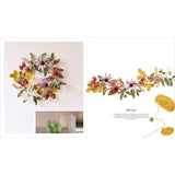 A two-page spread showing a floral wreath wall hanging in a real interior setting on the left, and a decorative floral garland design with small text and yarn illustrations on the right.