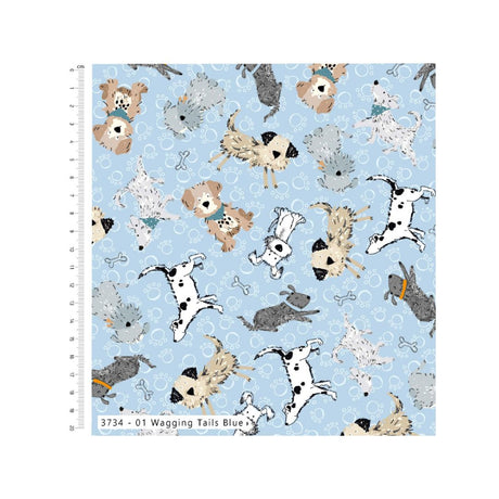 Ruff and Tumble 100% Cotton Fabric Wagging Tails Blue