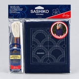 Sashiko tote bag kit with embroidery thread, needles, and template in packaging
