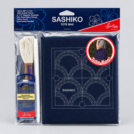 Sashiko tote bag kit with embroidery thread, needles, and template in packaging