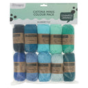 Scheagies Catona Minis Colour Pack in 'Blueberry Fizz' featuring 12 yarn balls in shades of blue, teal, and navy, packaged in a clear plastic bag with a printed header card.