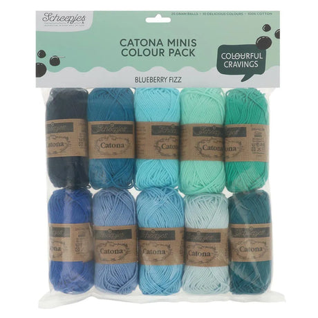 Scheagies Catona Minis Colour Pack in 'Blueberry Fizz' featuring 12 yarn balls in shades of blue, teal, and navy, packaged in a clear plastic bag with a printed header card.