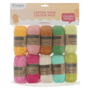 Scheepjes Catona Minis Colour Pack containing 12 cotton yarn skeins in various pastel and bright colors, packaged in a clear plastic bag with a printed cardboard header.