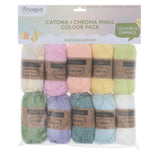 Pack of Scheepjes Catona + Chroma Minis yarn in marshmallow mix colours with packaging.