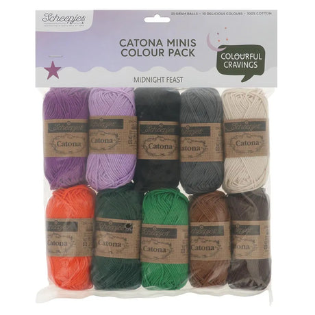 Packaged yarn set with 'Catona Minis' by Scheepjes featuring various colors.