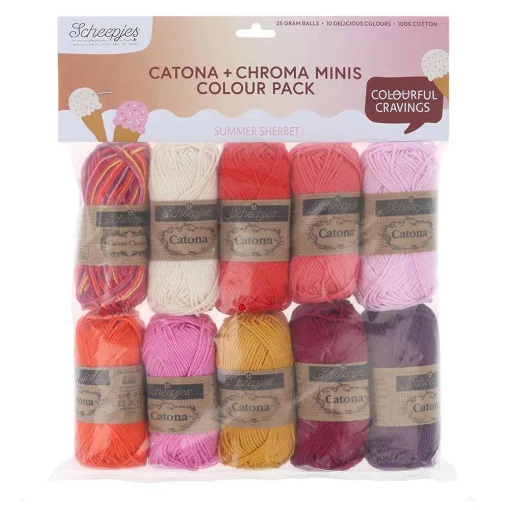 Pack of Scheepjes Catona + Chroma Minis yarn with colourful balls on a white background
