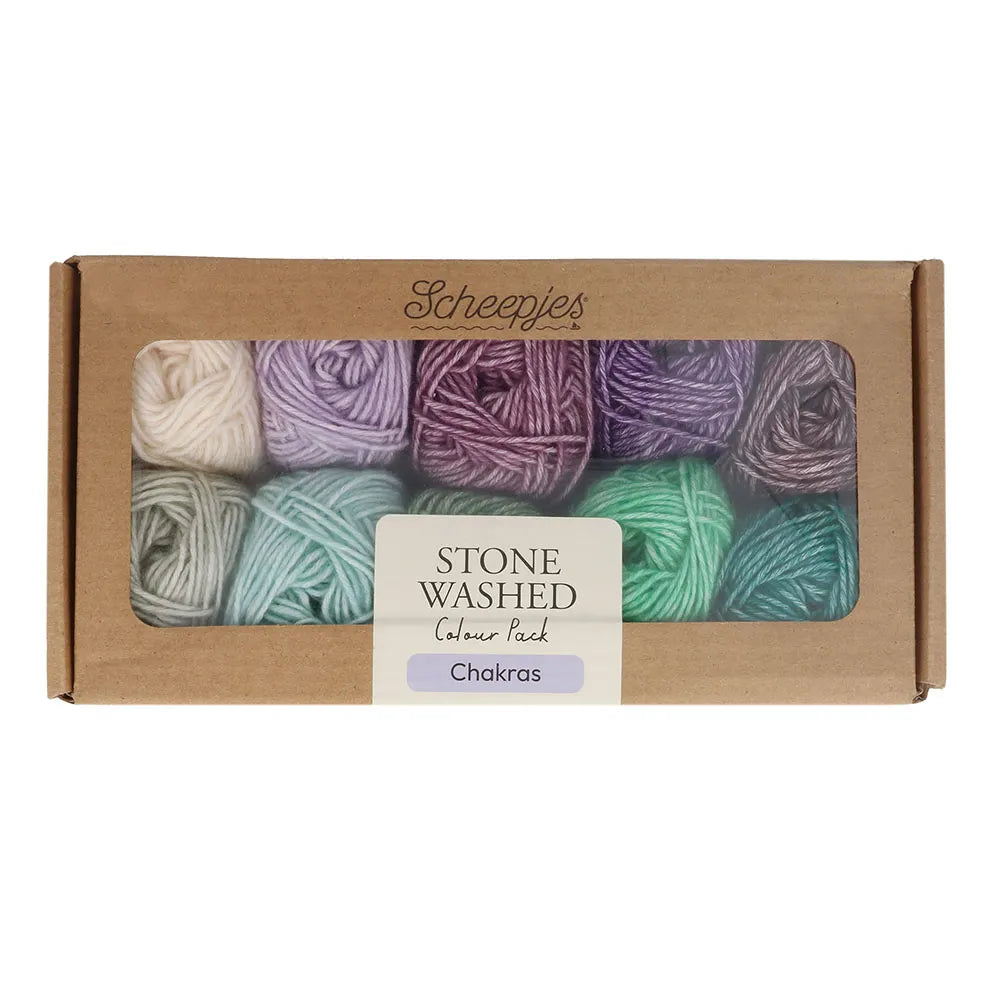 Box of Stone Washed Colour Pack Chakras yarn with visible brand name on a white background