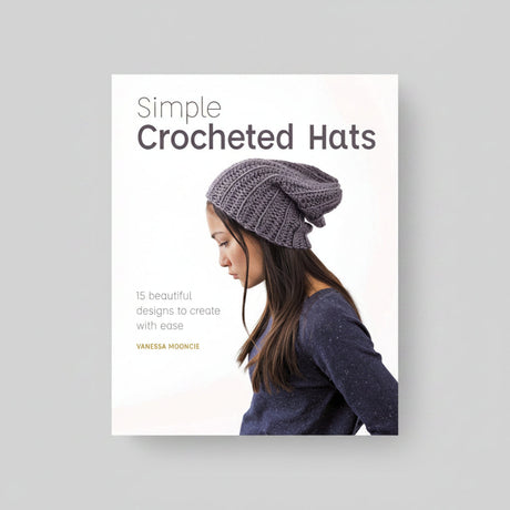 Book cover for 'Simple Crocheted Hats' by Vanessa Moonzie, featuring a woman in profile wearing a chunky crocheted slouchy hat against a clean white background.