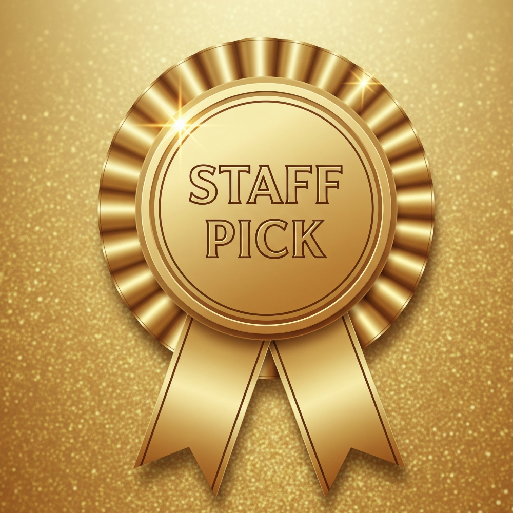 Gold 'Staff Pick' ribbon on a gold background