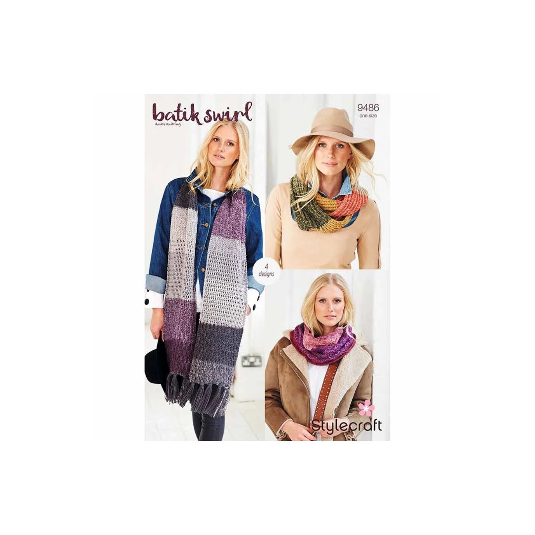 Stylecraft Batik Swirl Scarf and Cowl DK Knitting Pattern 9486